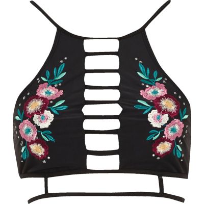 Black high neck floral embroidered bikini top
